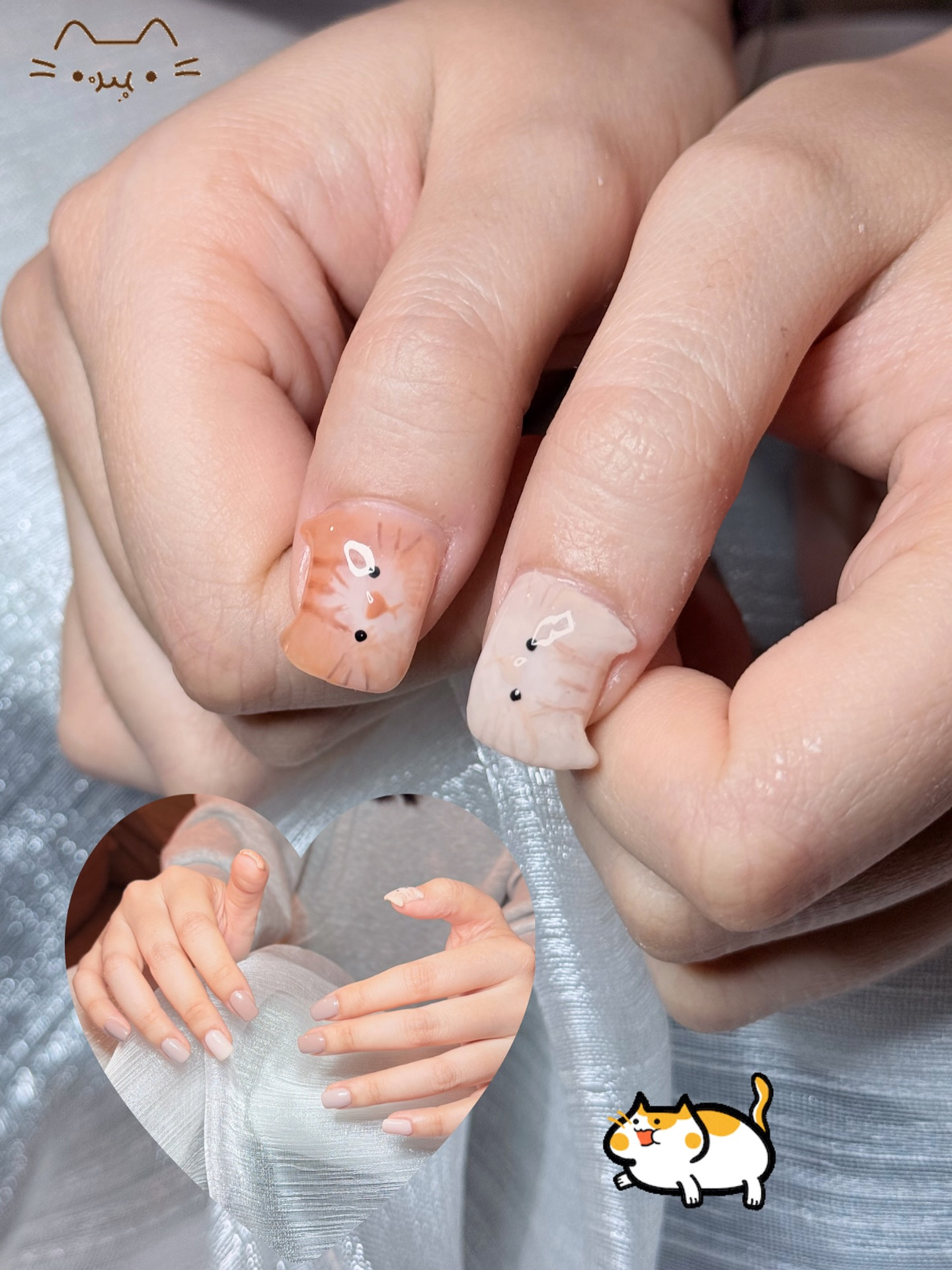 O3O Studio cat nail art in peach and cream on two nails