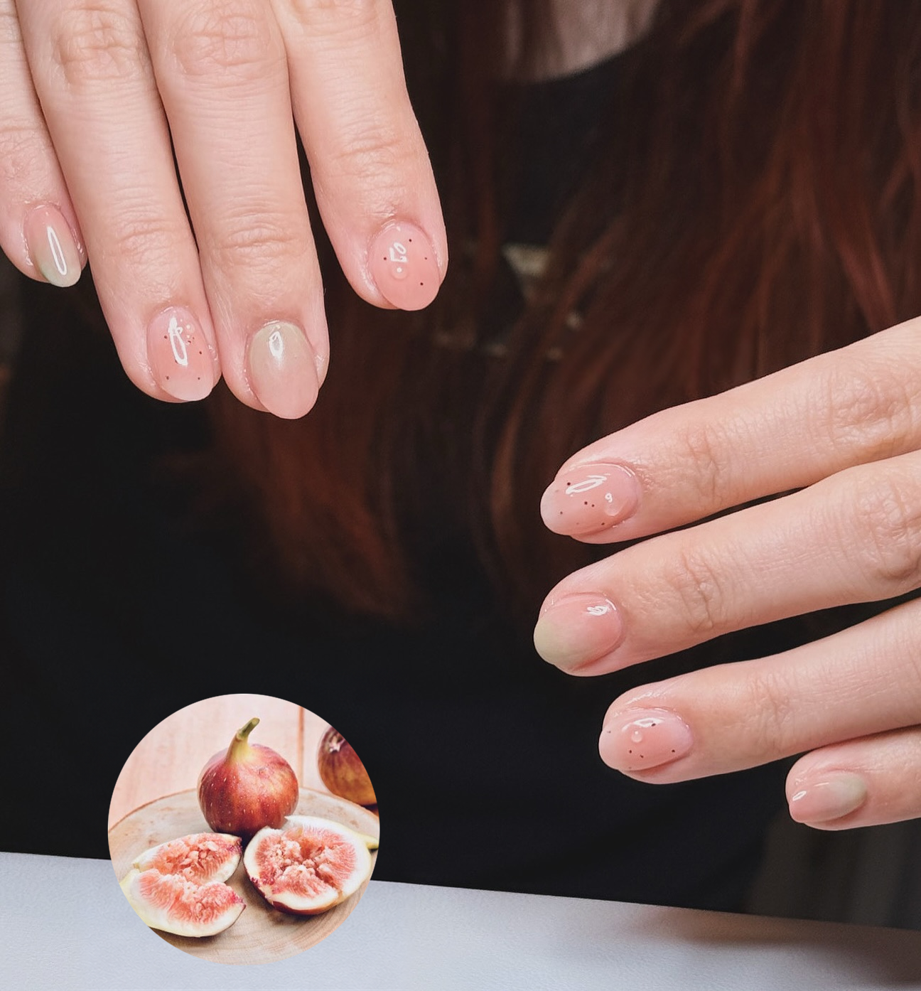 O3O Studio short pink manicure with soft green tips and delicate speckles